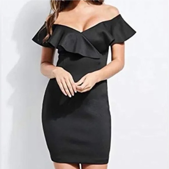 Guess Black V-Neck Ruffle Off Shoulder Mini Dress - Picture 10 of 13